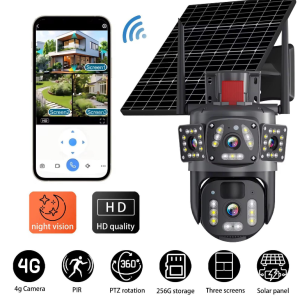 Camera tripla, reincarcabila solara, exterior/interior, Ultra HD, zoom 5x, rotativa, LED, comunicare bidirectionala, alarma, senzor de miscare, negru