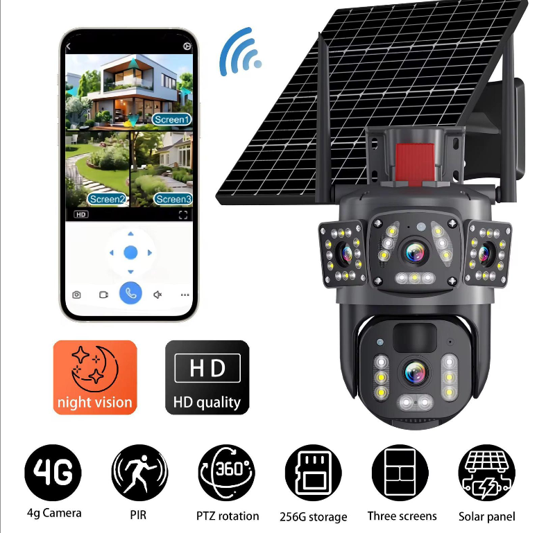 Camera tripla, reincarcabila solara, exterior/interior, Ultra HD, zoom 5x, rotativa, LED, comunicare bidirectionala, alarma, senzor de miscare, negru