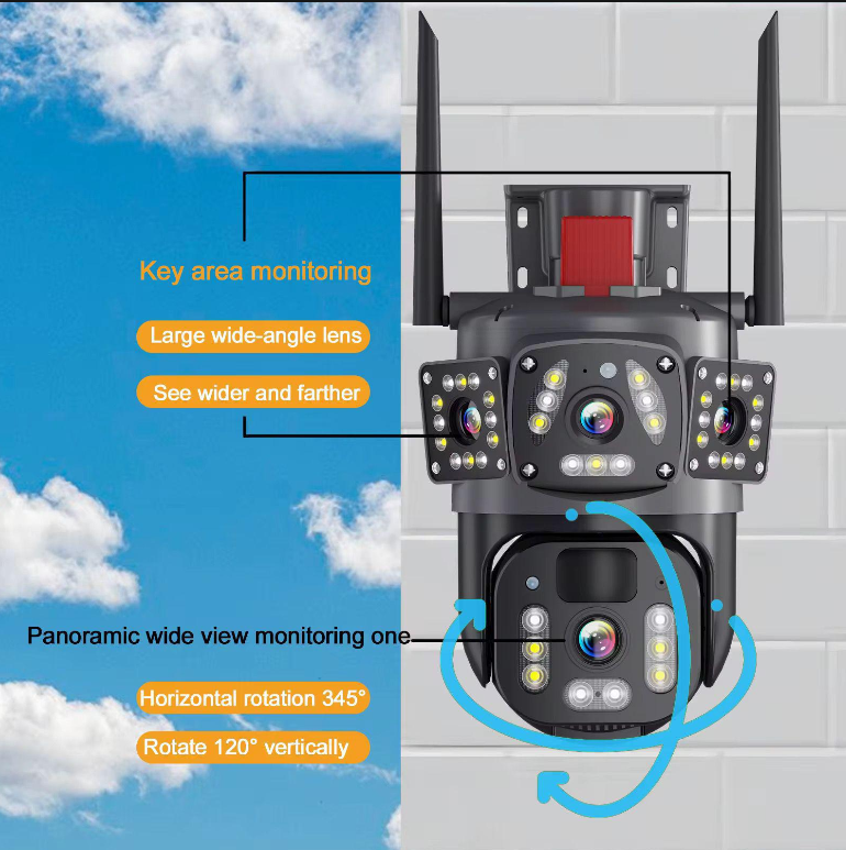 Camera tripla, reincarcabila solara, exterior/interior, Ultra HD, zoom 5x, rotativa, LED, comunicare bidirectionala, alarma, senzor de miscare, negru - imagine 3