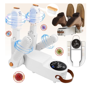 Uscator de incaltaminte electric,Display digital, Timing intelligent, 150W, Dezodorizant, Sterilizator, Portabil/Pliabil/Flexibil, Uscare tridimensionala cu aer cald 360°, Pentru pantofi, bocanci, ghete, adidasi, papuci, sosete, manusi, Alb