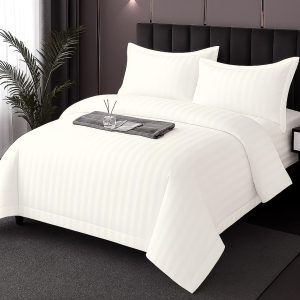 Lenjerie de pat dublu din damasc  4 PIESE cu elastic , ALBA-MULTICOLOR