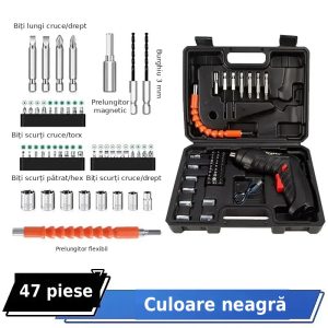 Surubelnita electrica cu geanta de transport MARE / Mini Autofiletanta cu acumulator, 3.6V, 250RPM, Cap rotativ, prelungitor flexibil, set biti si trusa, incarcare USB, Negru