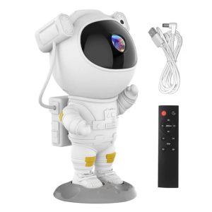 Proiector de Stele Astronaut, Lampa de Veghe cu 17 filme, Transforma camera copilului intr-o excursie printre stele, Reglare 360 de grade, LED, Telecomanda, Alb, ENGROSS