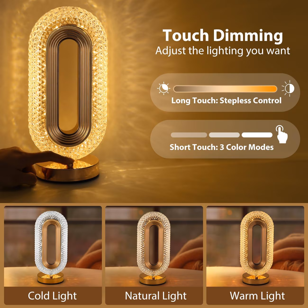 Lampa Diamond Crystal LED cu 3 temperaturi de culoare, alb rece, alb cald, neutru, culoare auriu, ENGROSS - imagine 3